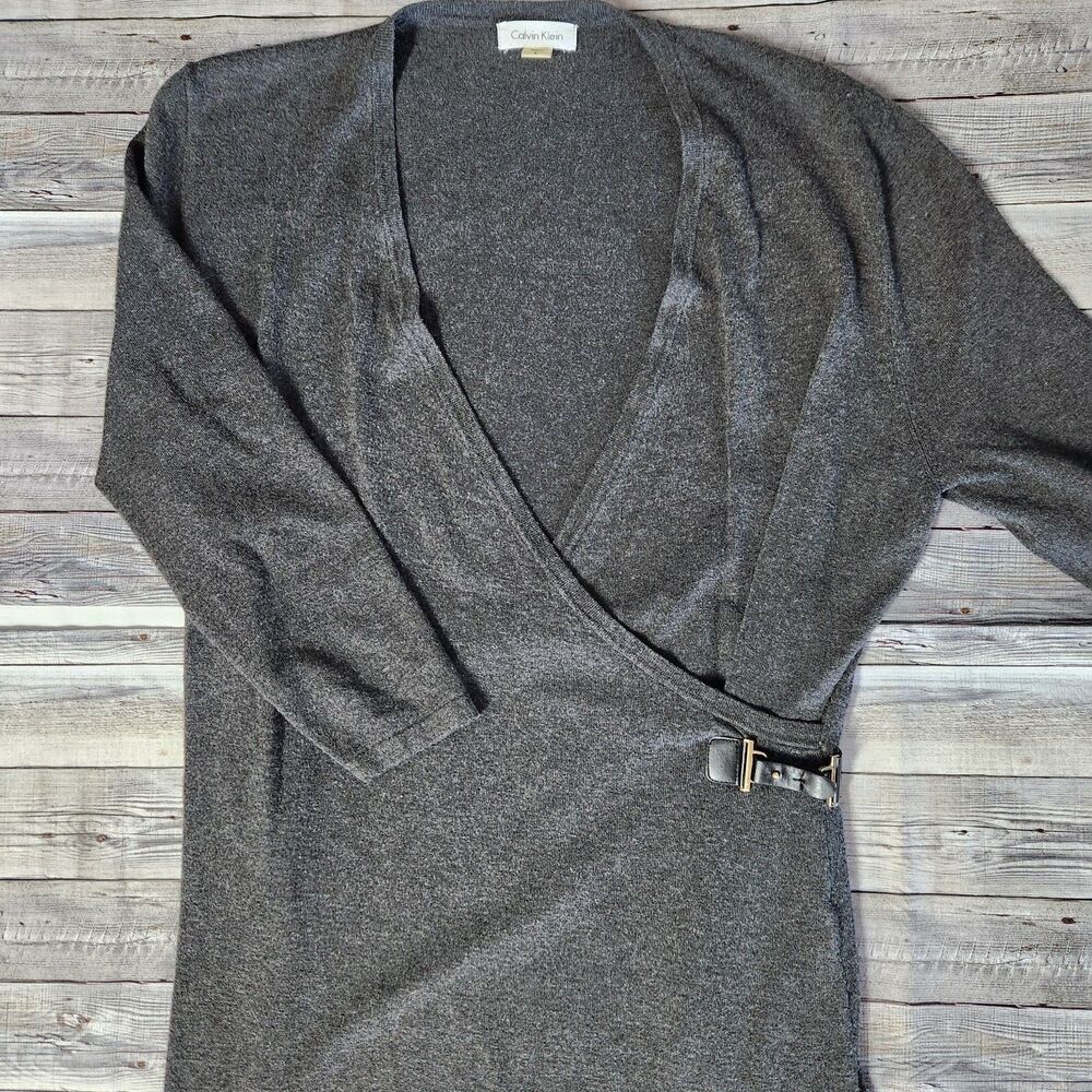 Calvin Klein Sweater Dress Womens Large Gray Long Sleeve Buckle Faux Wrap V Neck